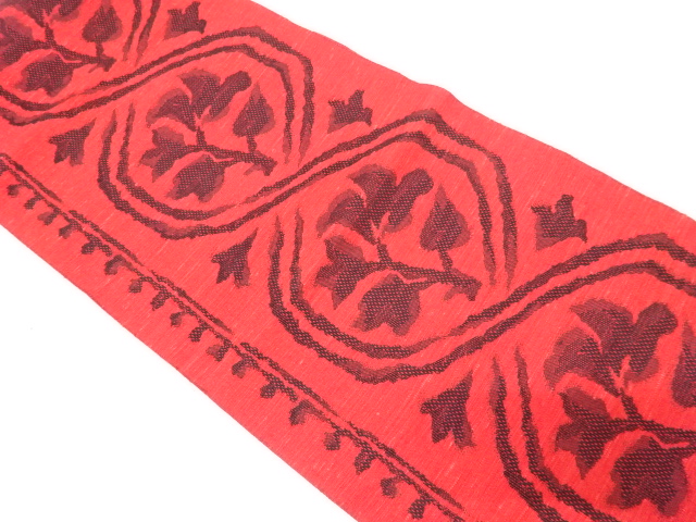 手織り紬　変わり立涌に枝葉模様織り出し　名古屋帯